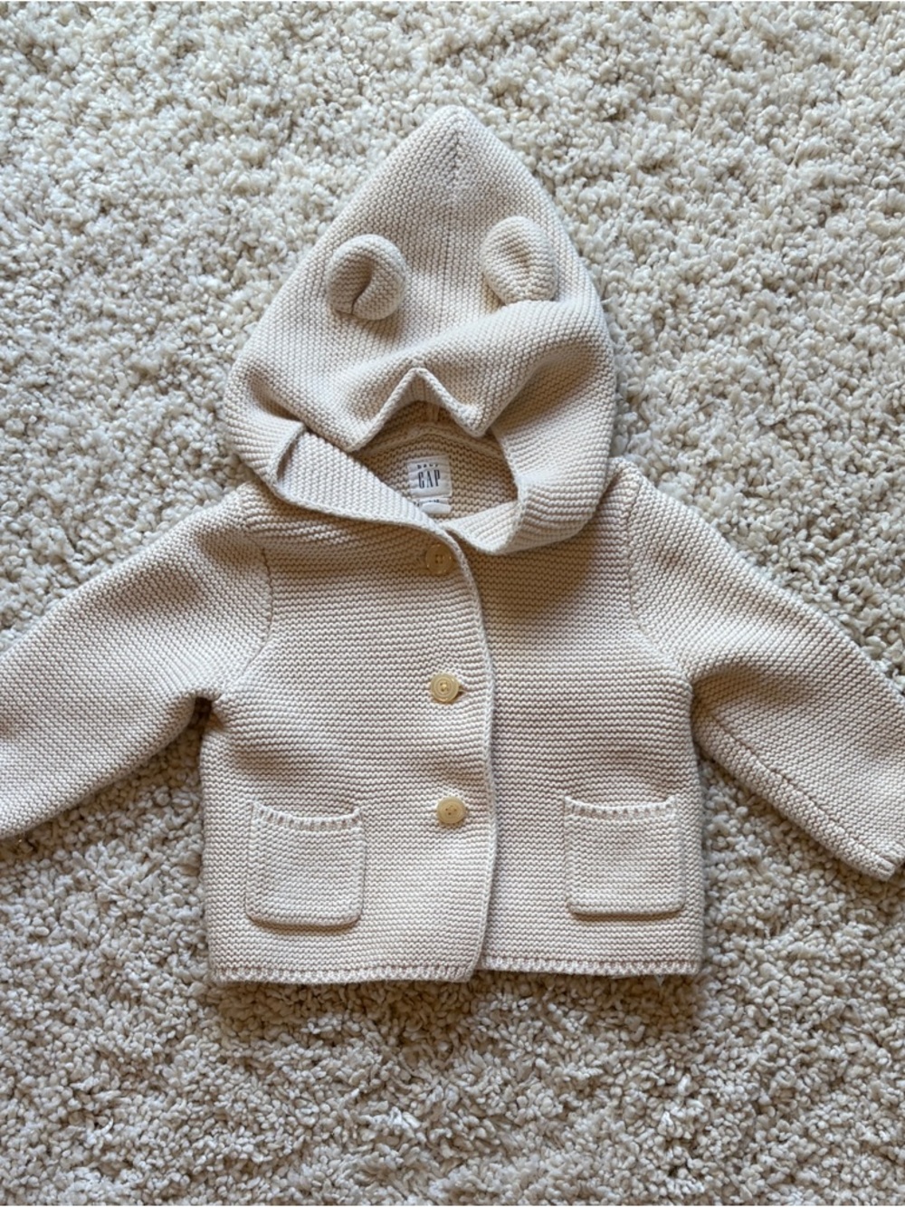 GAP Baby Knit Hooded Cardigan Sweater Cream Bear Ears Button Up 6-12 Mo
